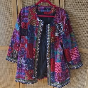 O-nelue Colorful Patchwork Jacket 3x Lightweight Cotton Artsy Embroidered Trim